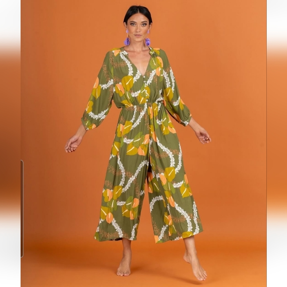 Fighting Eel Ava Sky Jumper Caroline S Kualoa Woven Lei Floral Green Jumpsuit